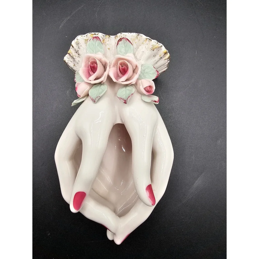 Vintage Lefton 714 Porcelain Hand Wall Pocket Vase Pink Roses Gold Trim Japan AB